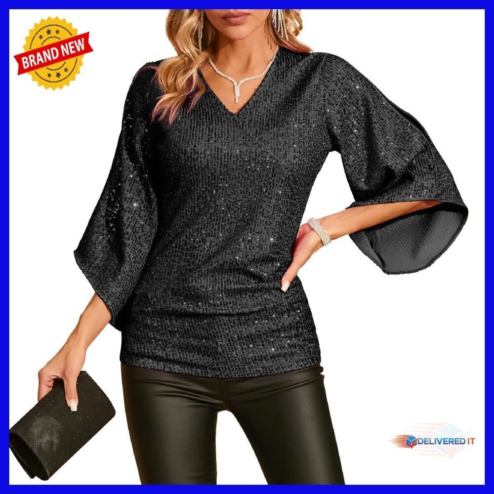 Sequin Sparkly V-Neck Blouse 3/4 Sleeve Dressy Top Party Wear